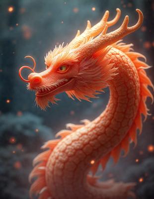 The primary subject of the image is a large, colorful dragon with a fierce expression. The dragon is surrounded by a dark, moody setting, which adds to the dramatic atmosphere of the scene. The visual style of the image is a combination of digital art and illustration, creating a vivid and detailed representation of the dragon. The dominant colors in the image are orange and red, which give the dragon a fiery and intense appearance.